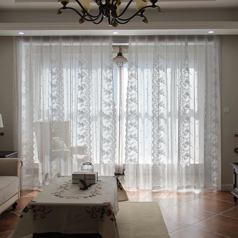 Vertical Floral Warp Knitted Window Screen White Gauze Curtain Window Screen Living Room Bedroom Lace Korean Style