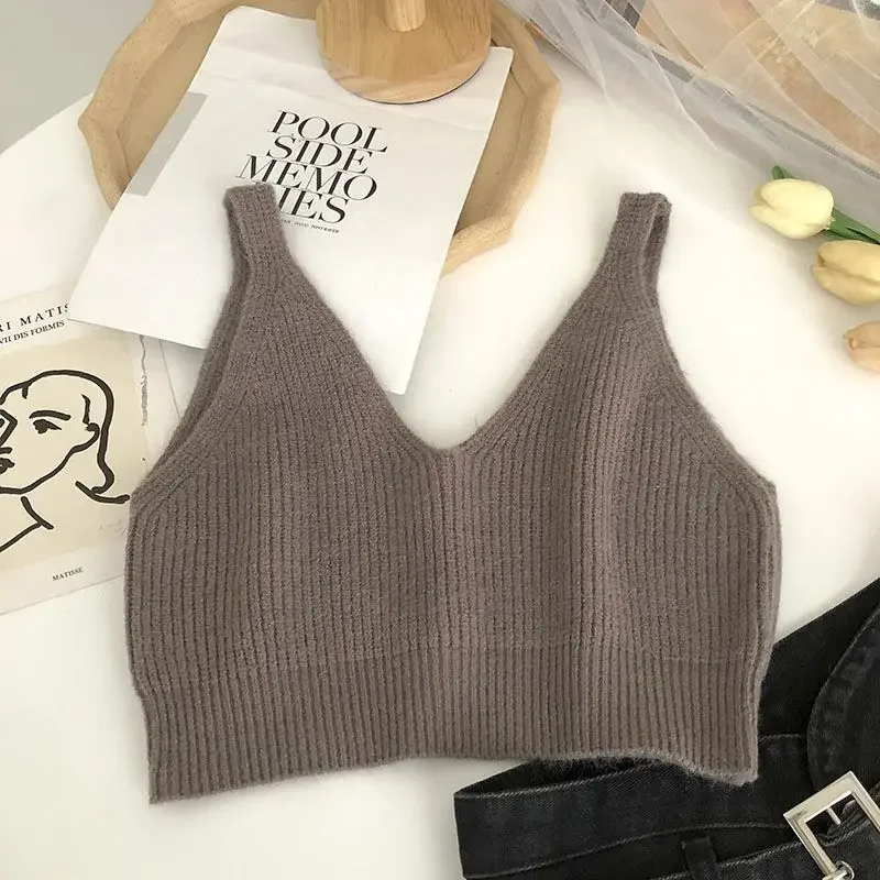 Tanks Women Crop Tops Knitting All-match Spring Solid Simple V-neck Ulzzang Casual Fashion Hotsweet Slim Cozy Female Sleeveless