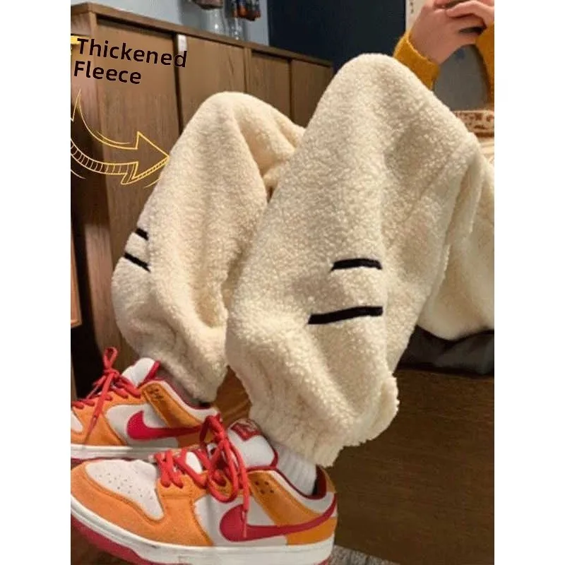 

Men's Winter Thiened Fce Lined Lamb Velvet Pants Straight Leg mid Waist Long Trousers Warm Cotton Sweatpants