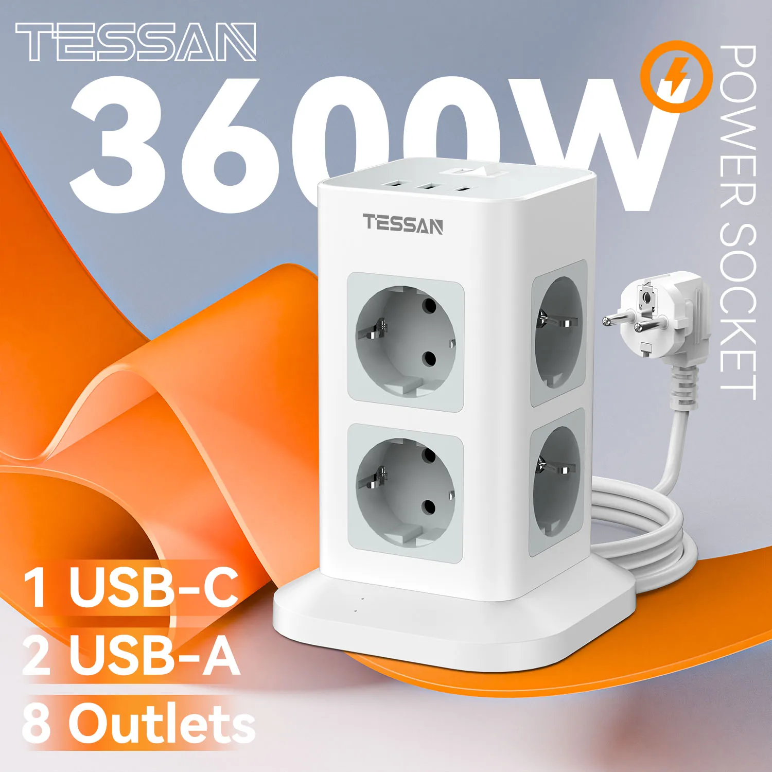 TESSAN tour multiprise avec 2 prises USB + 1 Type C 2M câble d'extension prise ue prise électrique verticale Protection contre les surtensions