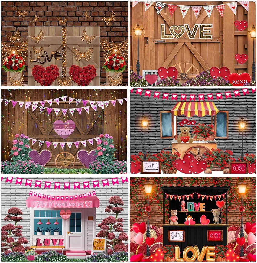 Wood Door Love Valentine's Day Red Rose Store Brick Wall Decoration Backdrops Photocall Supplies Banner Wedding Background Props