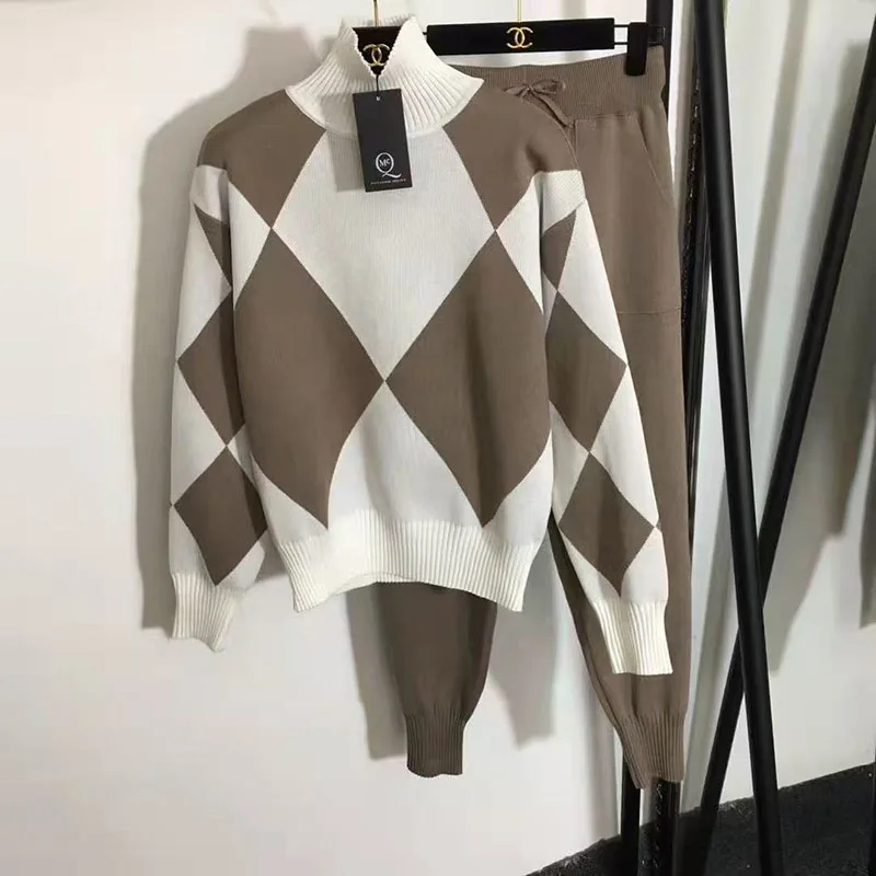 2025 nova emenda conjunto de malha outono/inverno moda feminina solta manga longa camisola superior + malha haren calças conjuntos de duas peças