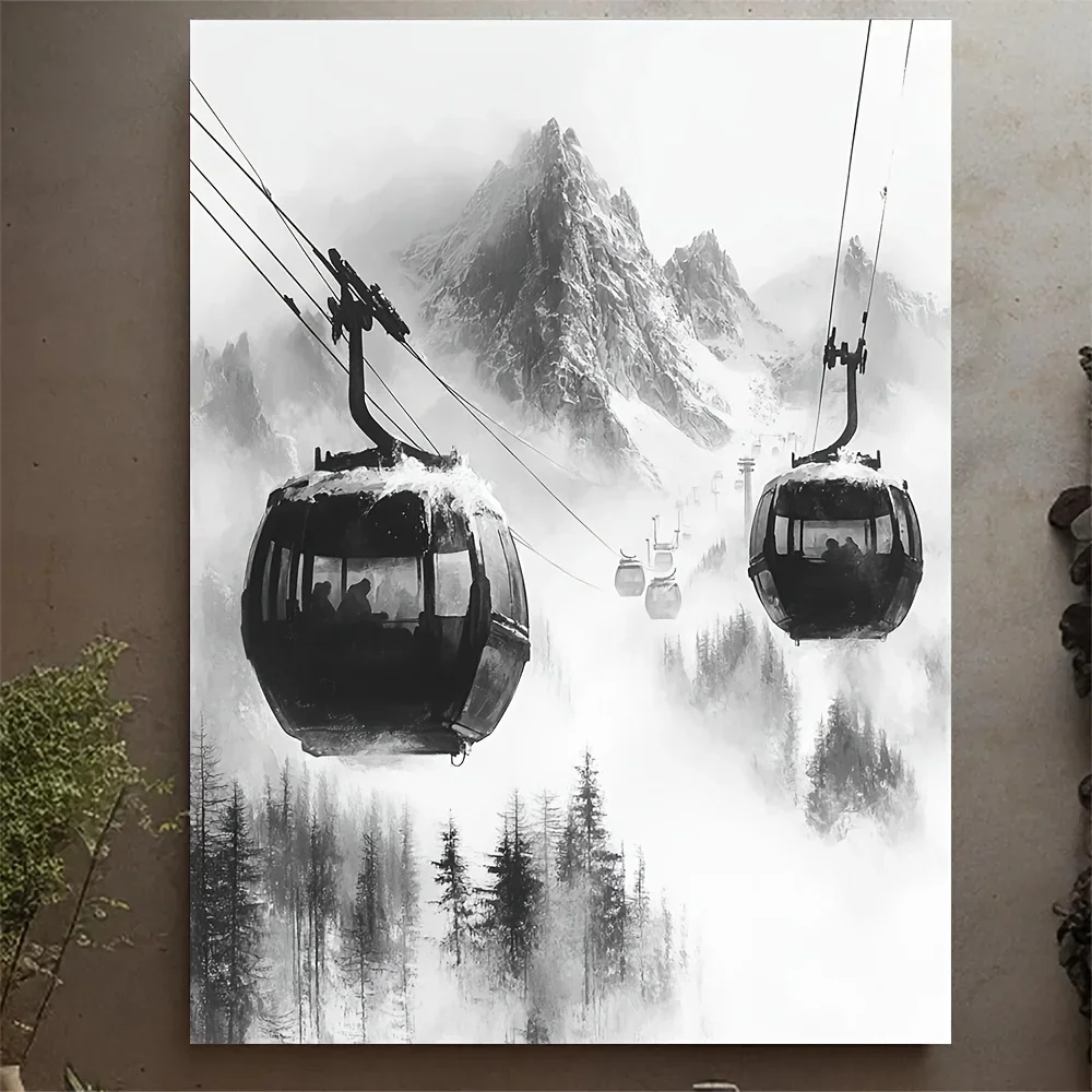 1pc Frameless Home Decor Canvas Poster (No frame)1pc, [2D Flat] with Frame, 12x16inch Ski Lift Canvas Print, Black and White Ski