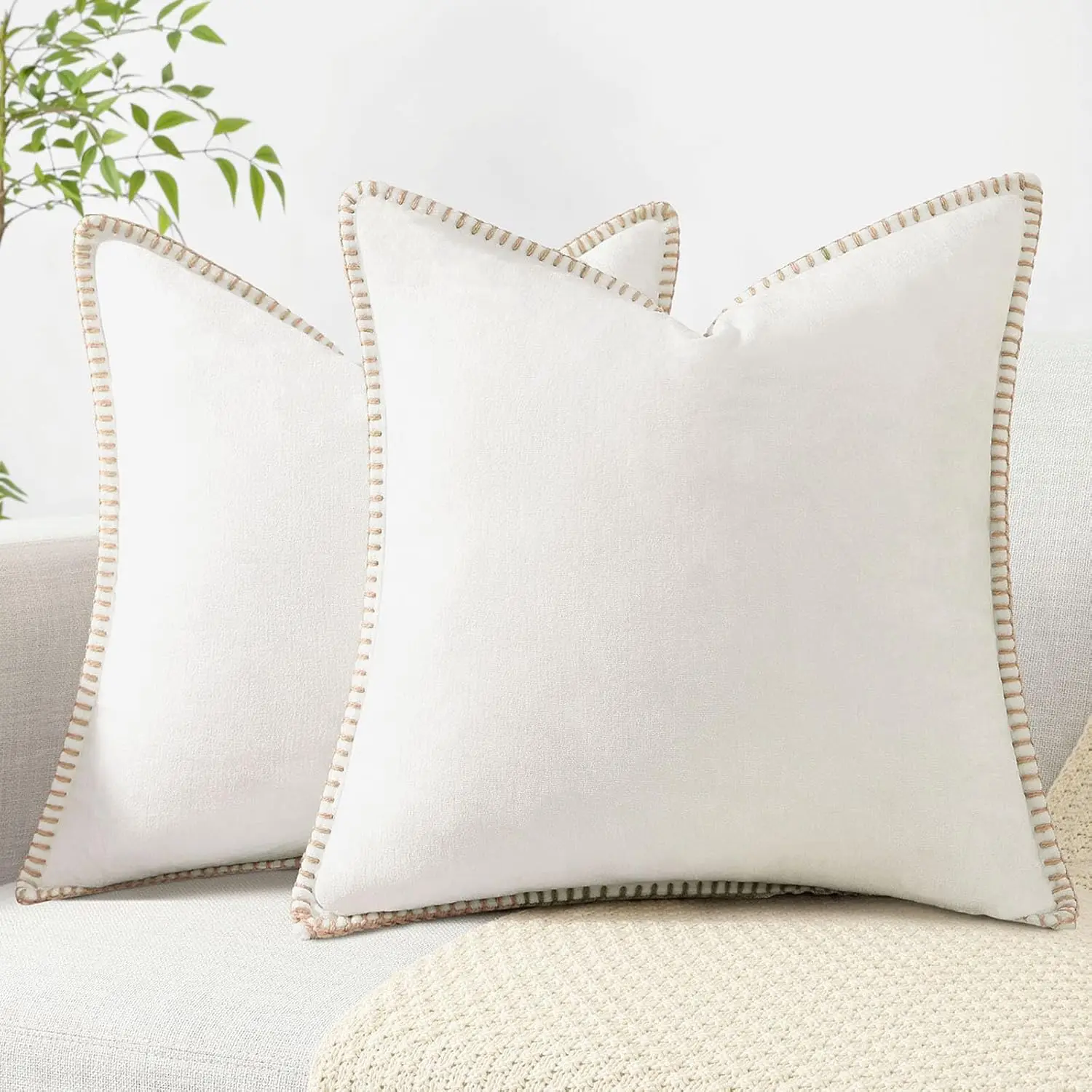 

Chenille Soft Spring Throw Pillow Covers 20X20 Set Of 2, Farmhouse Velvet Decorative Pillow Covers With Stitched Edge For Couch