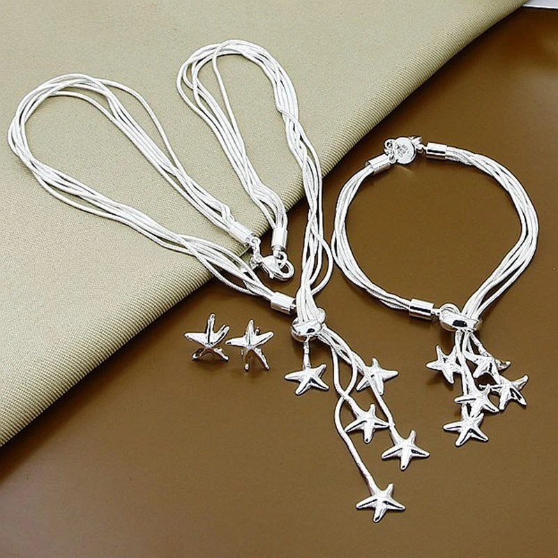 

925 Sterling Silver Starfish Snake Chain Necklace Bracelet Earring Set For Woman Wedding Fashion Charm Jewelry