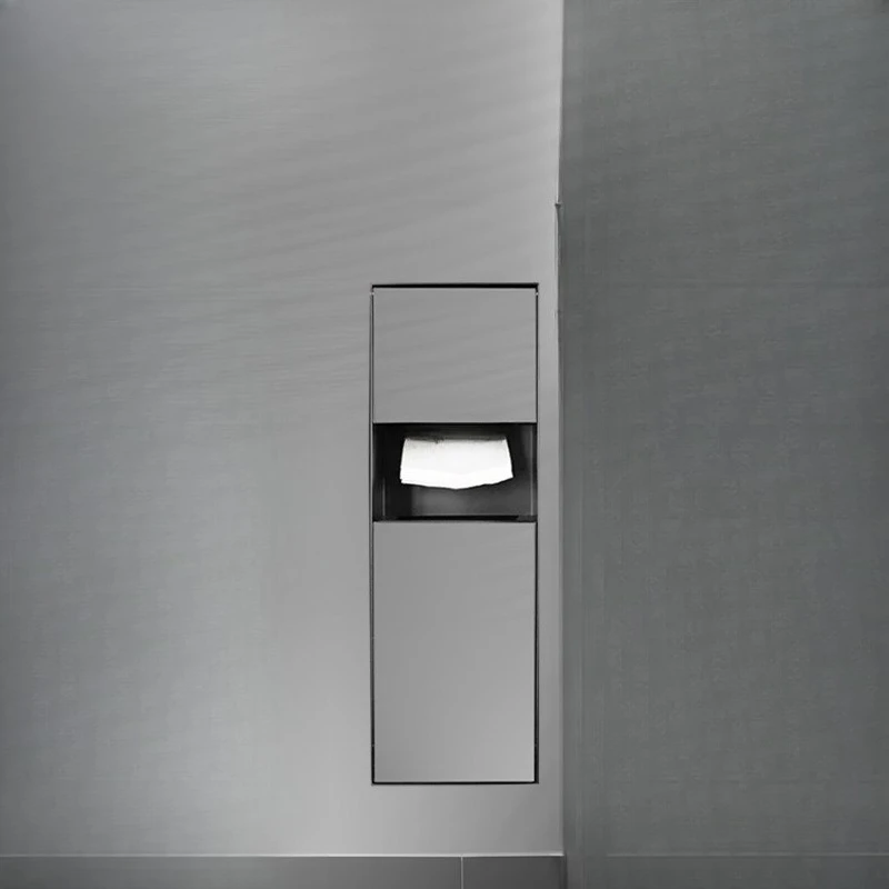 

Concealed, stainless steel toilet trash can, niche recessed tissue cabinet