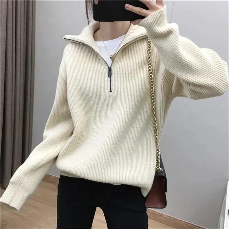 Autumn Winter New Pullover Knitted Sweater Jacket Women Zipper Long Sleeve Solid Loose Sweaters Coat Female Casual Ladies Tops