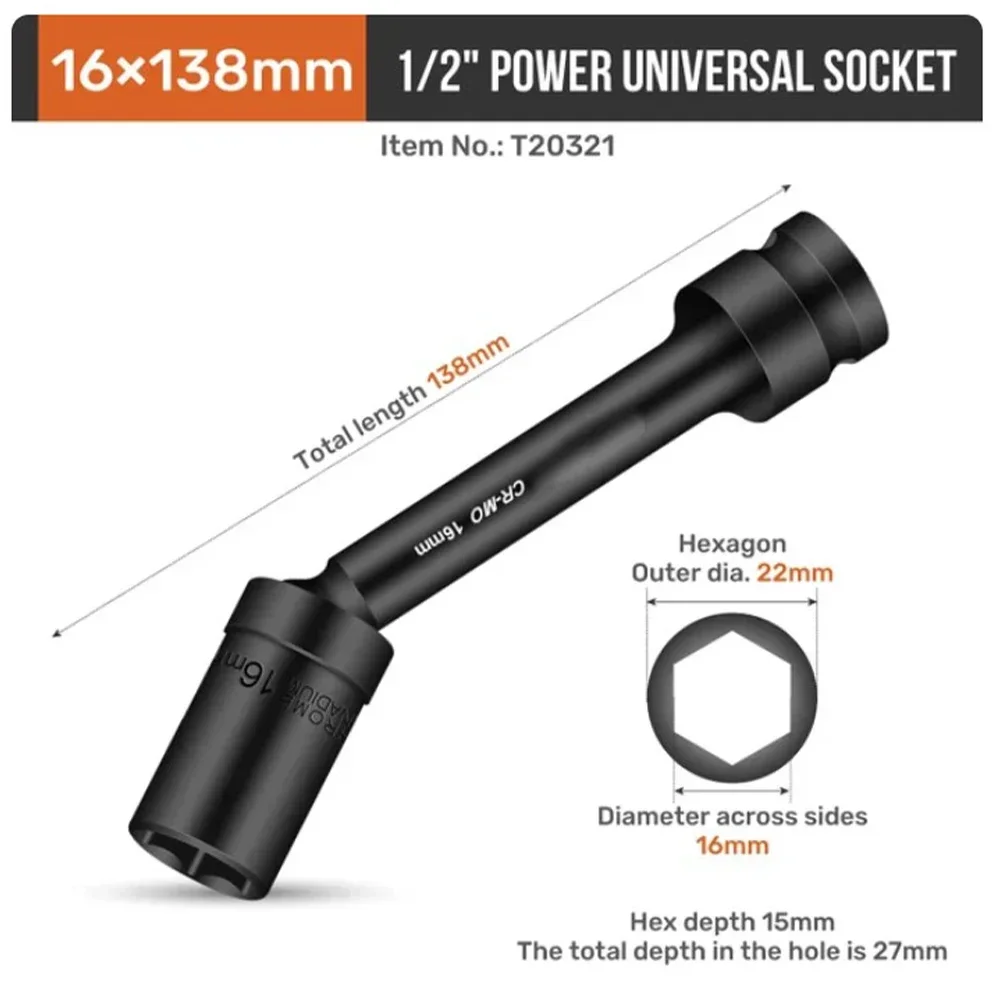 Impact obrotowy adapter z łbem sześciokątnym 1/2 cala napęd uniwersalny przegub Cr-Mo stalowy konwerter klucza 12-19mm