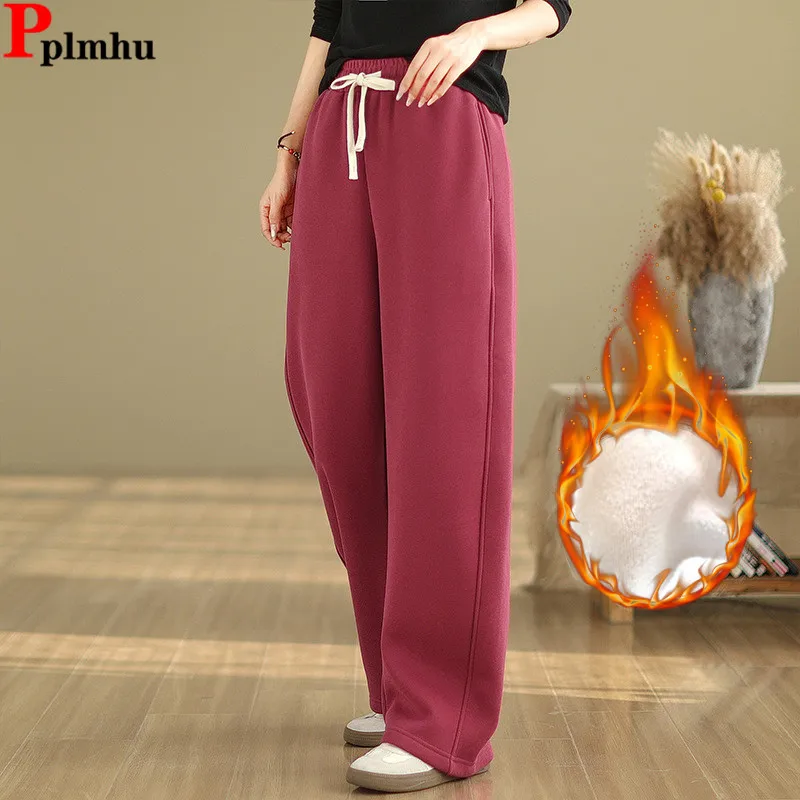 

Fall Winter Basic Baggy Straight Pants Lightweight Velveteen Lined Snow Wear Casual Pantalones Korea Fashion New Women Spodnie ﻿