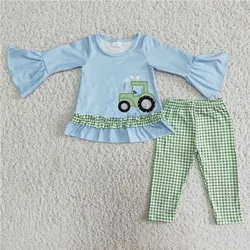 New Spring And Autumn Fashion Girls Blue Tractor Top Plaid Trousers Set Boutique Baby Girls Children Clothing Outfits