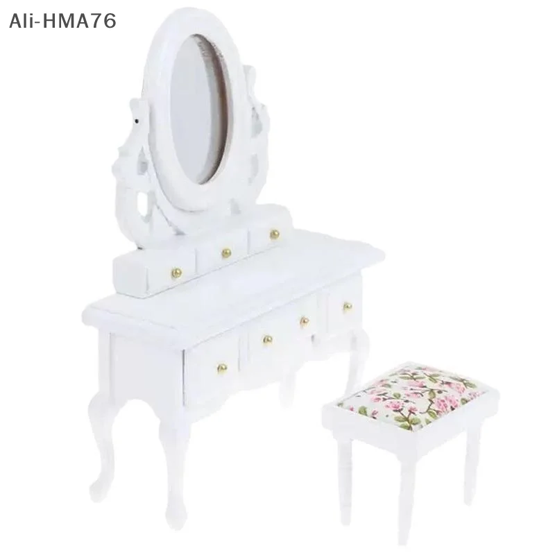 1 Set 1:12 Dollhouse Miniature Furniture Dressing Chair and Table With Mirror Toy Dollhouse Bedroom Decoration Accessories