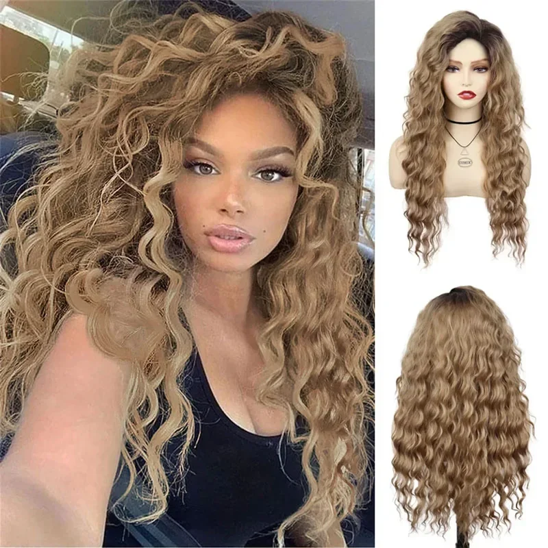 GNIMEGIL Long Curly Synthetic Wigs for Women Brown Ombre Wig Water Wave Hairstyle Natural Hair Sexy Female Wig Cosplay Halloween