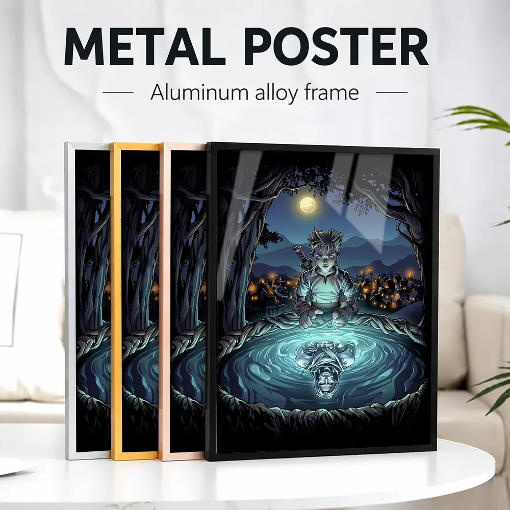 Boy's Reflection In Moonlit Water Framed Metal Poster Personalized Photo Scenic Style Wall Art For Apartment Nature Lover Gift
