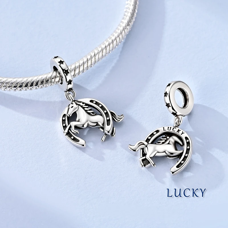 925 Sterling Silber Charms Perle Galoppierendes Pferd und Hufeisen Anhänger Passend für Original Armband DIY Damen Schmuck Geschenk