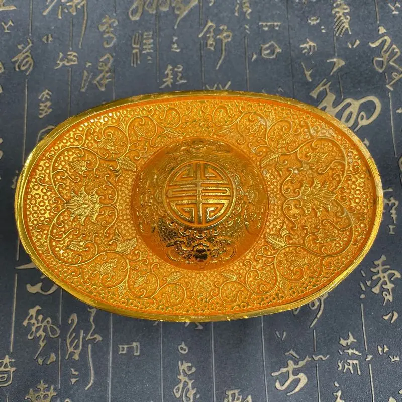 Large gold ingot the character Shou and two dragons playing with pearls a collectible ornament
