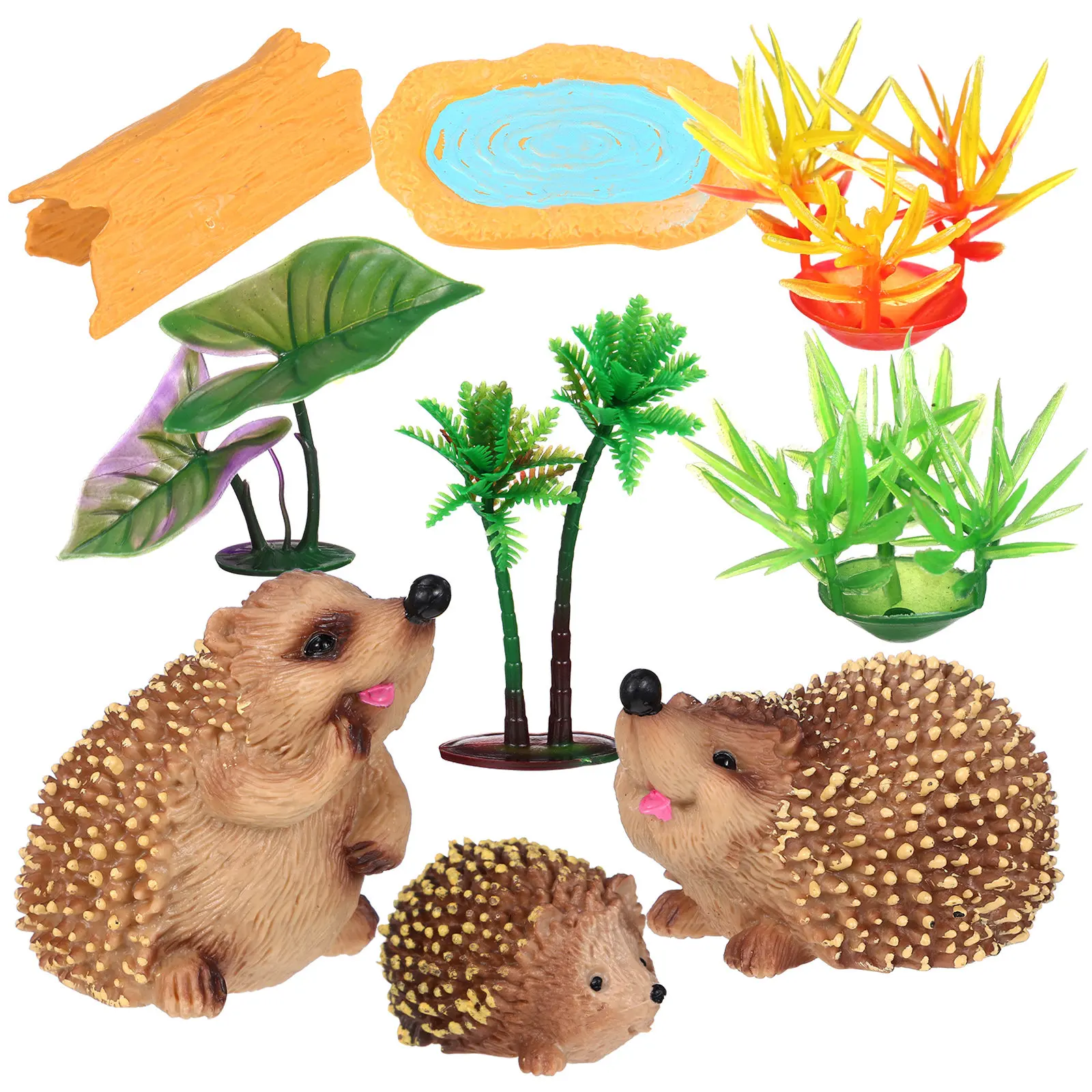 9Pcs Resin Hedgehog Garden Ornaments Set with Green Plants for Miniature Landscapes Pond Decor Outdoor Garden Statues Flower
