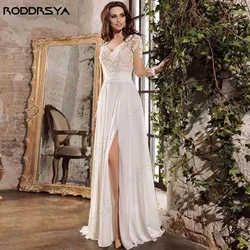 RODDRSYA Wedding Dress Chiffon A line Split Long Sleeve Appliques V Neck Boho Bridal Gowns Backless vestidos de novia Customized