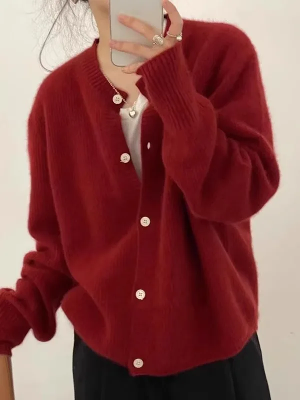 

Вязаный красный свитер больших размеров, пальто для женщин, осень-зима, красивая маленькая верхняя одежда, Luy Year Long Sve round Ne