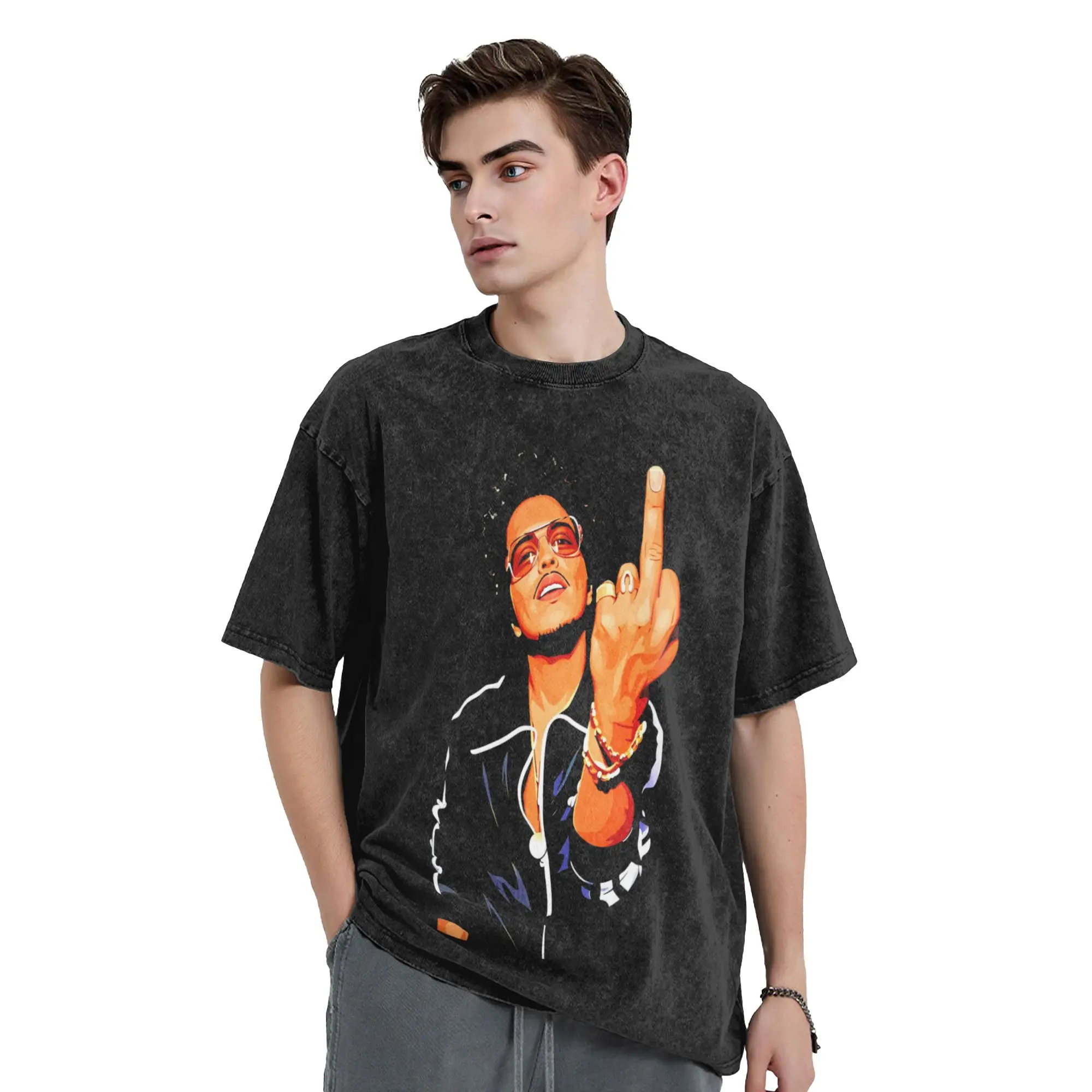 Bruno Mars Middle Finger Washed T-Shirt Male  Y2K Basic Casual T-Shirts Summer  Novelty Tees Printed Plus Size Clothes