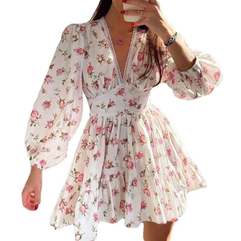 Summer V-neck Lantern Sleeve Printed Dress for Women Casual Lace Waist Cinching A-Line Mini Dress Fashion Holiday Beachwear