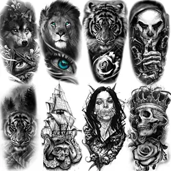 8 Sheets Skull Skeleton Temporary Tattoos For Women Men Adults Arm Tatoos Decal Tribal Tiger Pirate Rose Flower Tattoo Halloween