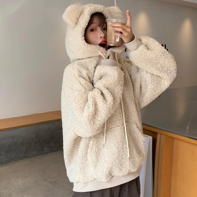 Autunno inverno donna falso Pullover in lana d'agnello caldo addensare felpe con cappuccio orecchie d'orso Kawaii felpa con cappuccio sciolto Casual in pile Outwear
