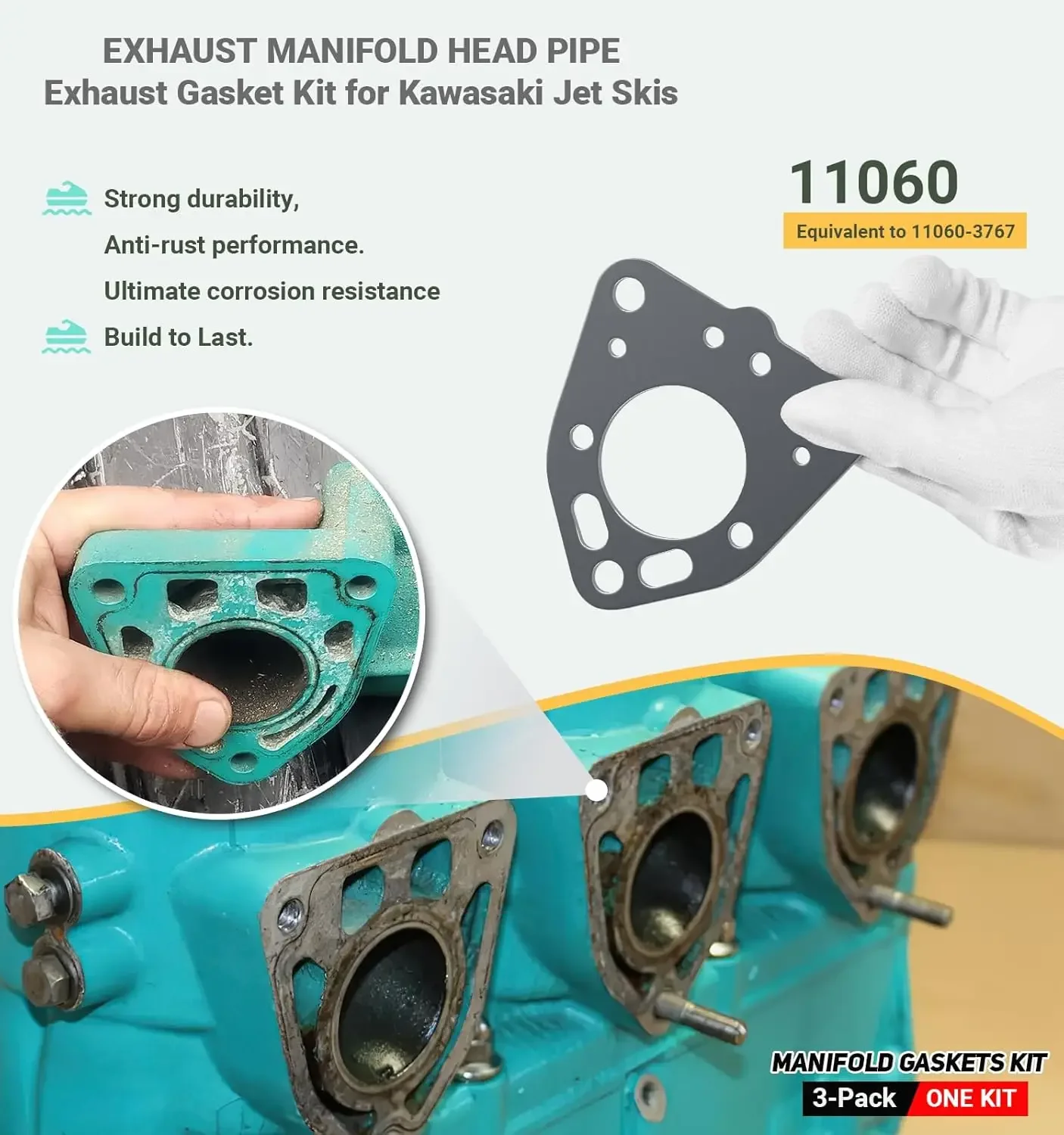 Picture 3: 5 Pack Exhaust Rebuild Gaskets Seals Kit Replacement for Kawasaki Jet Skis 1100 ZXI/1100 STX/Ultra 130