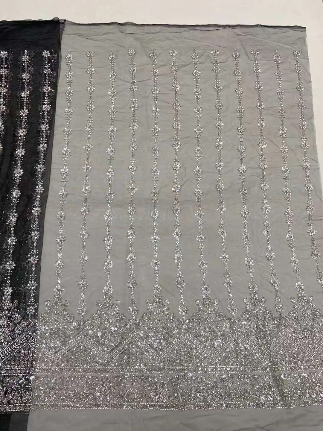 Luxury African Beaded Lace Fabric 2024 High Quality 5 Yards Nigerian Sequins Groom French Lace Fabric for Wedding Party Sewing