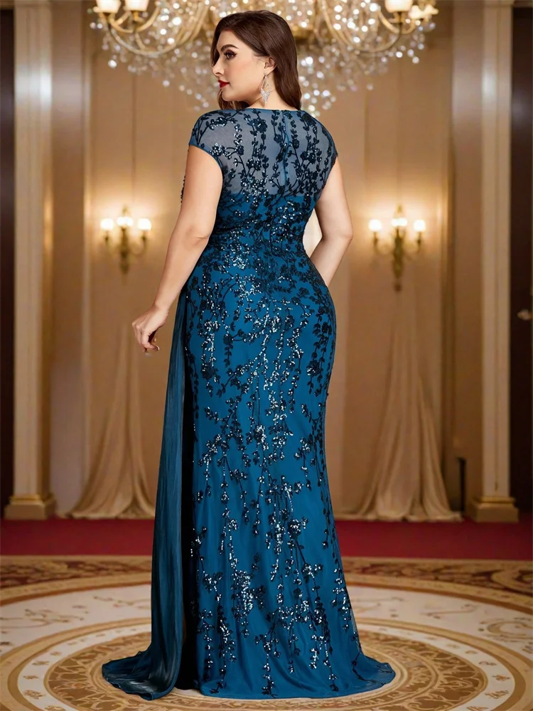 Lucyinlove Plus Size Elegant Cap Sleeves Sequins Patchwork Ribbon Formal Evening Dresses Luxury V-neck Floor-Lenght Party Gowns