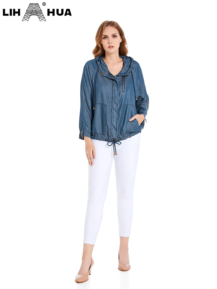 LIH HUA Veste en jean grande taille pour femme Veste d\'automne à capuche à manches longues avec poche zippée Veste tendance