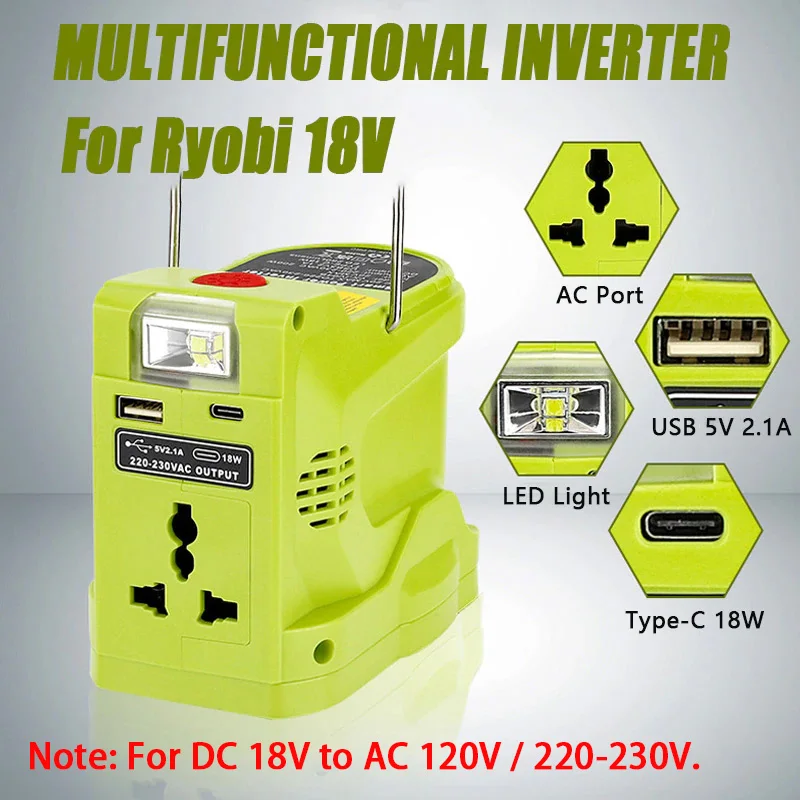 200W Power Inverter Generator for Ryobi 18V Lithium Battery,DC 18V To AC 120V 220V Portable Power Station with 280lm LED Light