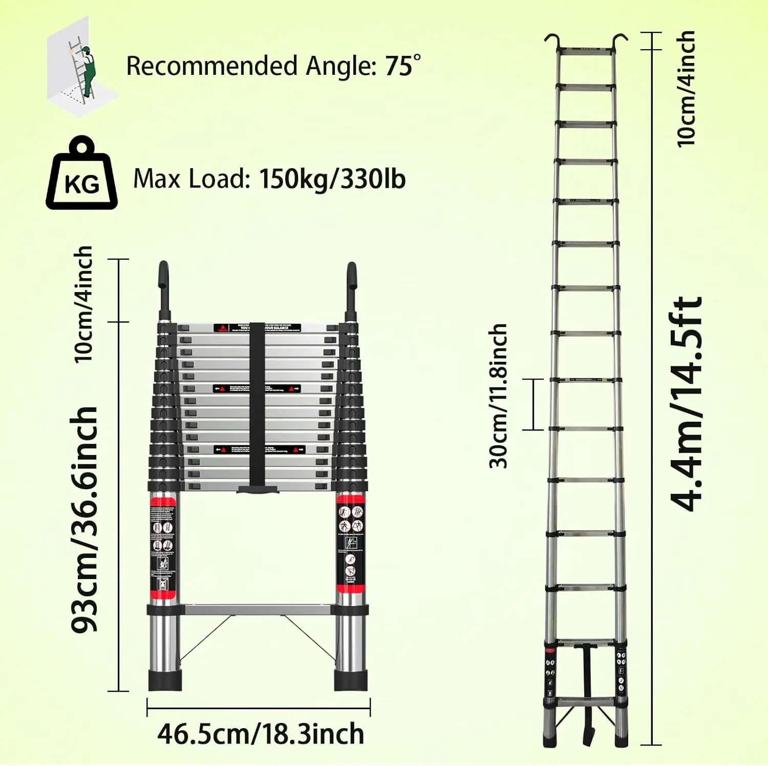 DayPlus Telescopische Ladder Roestvrijstalen Vouwladder Draagbare Uitschuifbare Loft Ladder Capaciteit Max. Belasting 150kg/330lb, EN131