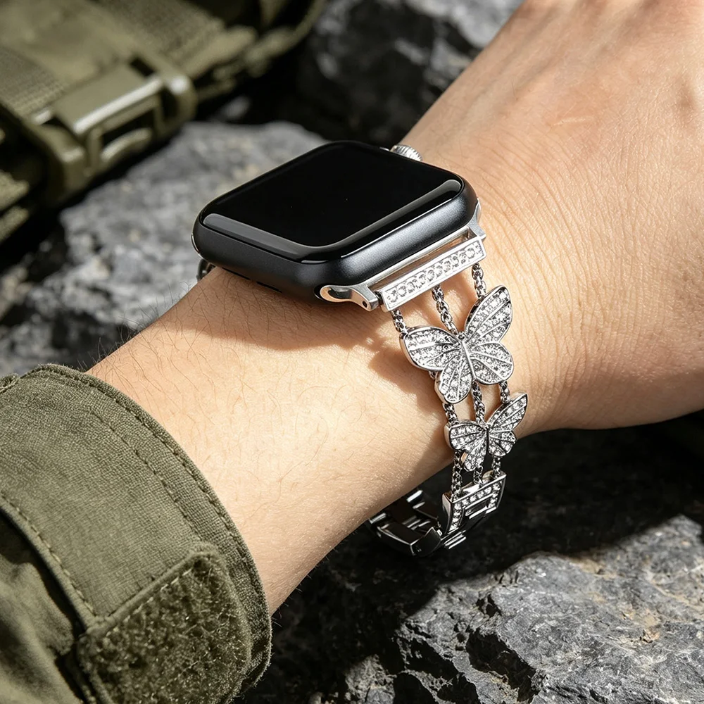 Butterfly Metal Band for Apple Watch Ultra 4/3 49mm IWatch Series 12 11 10 9 8 SE 7 6 5 4 Breathable Fashion Rhinestone Strap - view 3