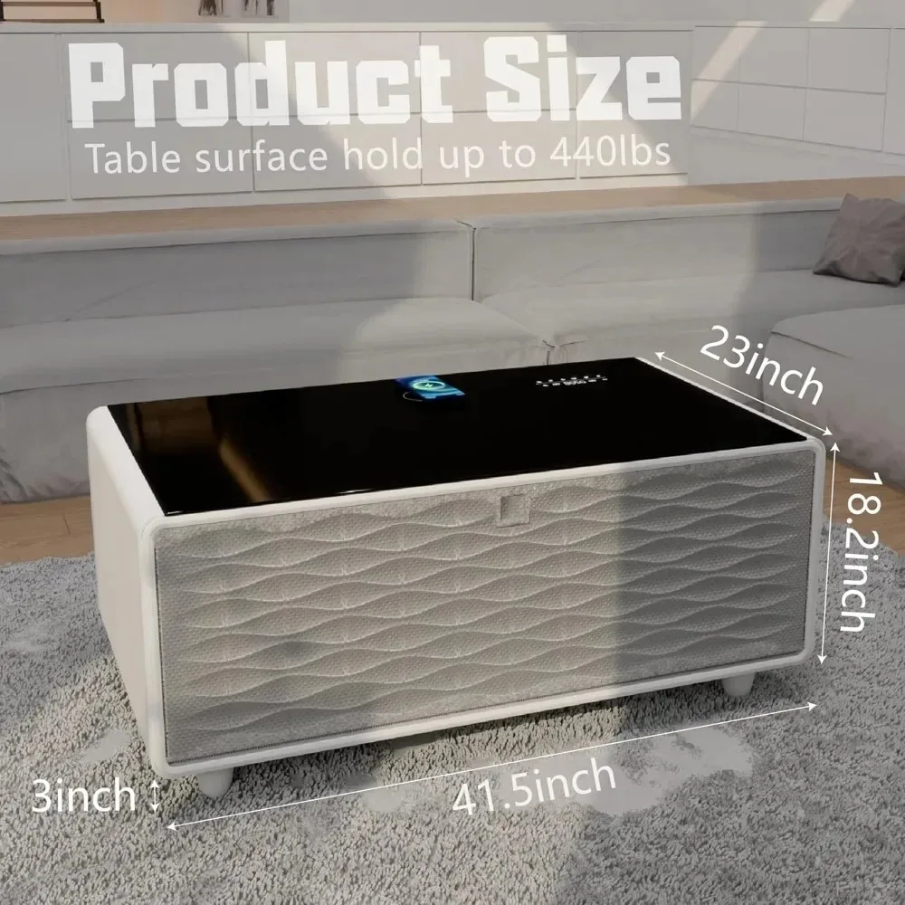طاولة قهوة ذكية مع ثلاجة ومكبرات صوت مدمجة - قطعة غرفة معيشة مع شحن لاسلكي بقوة 15 وات ومنافذ USB #6