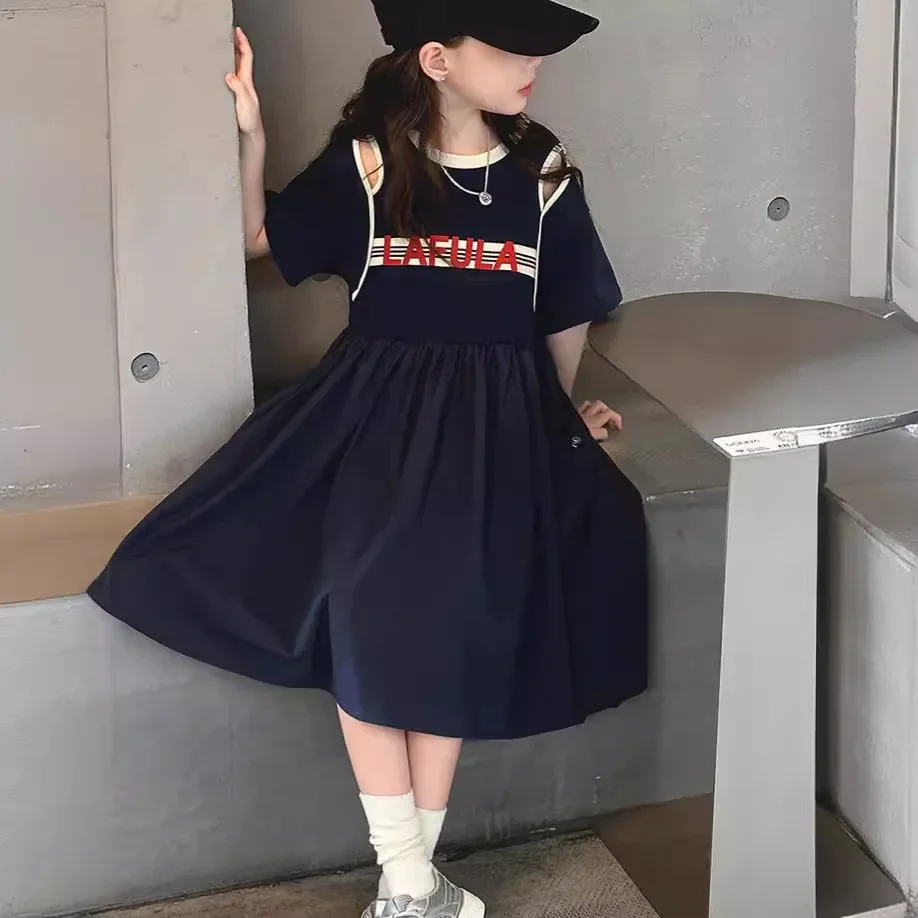 Vestido infantil emendado estampado, camiseta de algodão feminina, saia elegante, tamanho médio, versão coreana, novo, verão, 2020