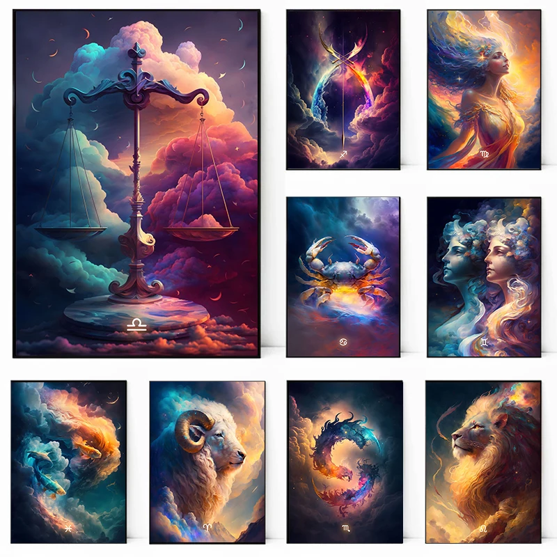 Abstract Zodiac Signs poster Twelve Constellations Libra  Aries Lion Abstract Canvas Print Poster Wall Art Decor Home Room Decor