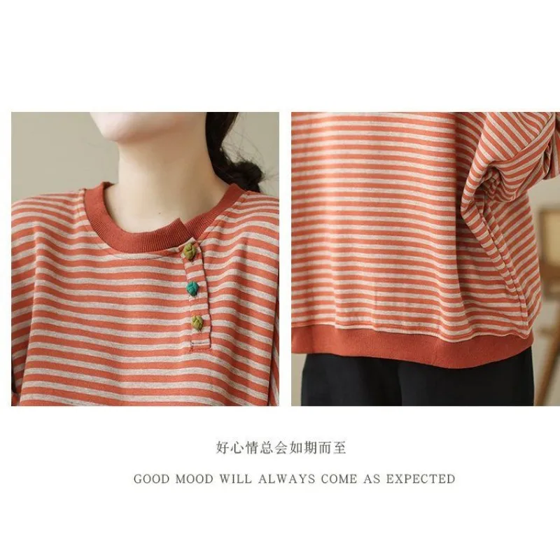 Felpa da donna con collo rotondo a righe color block elegante primavera autunno con bottoni a nodo cinese stile ampio e pigro