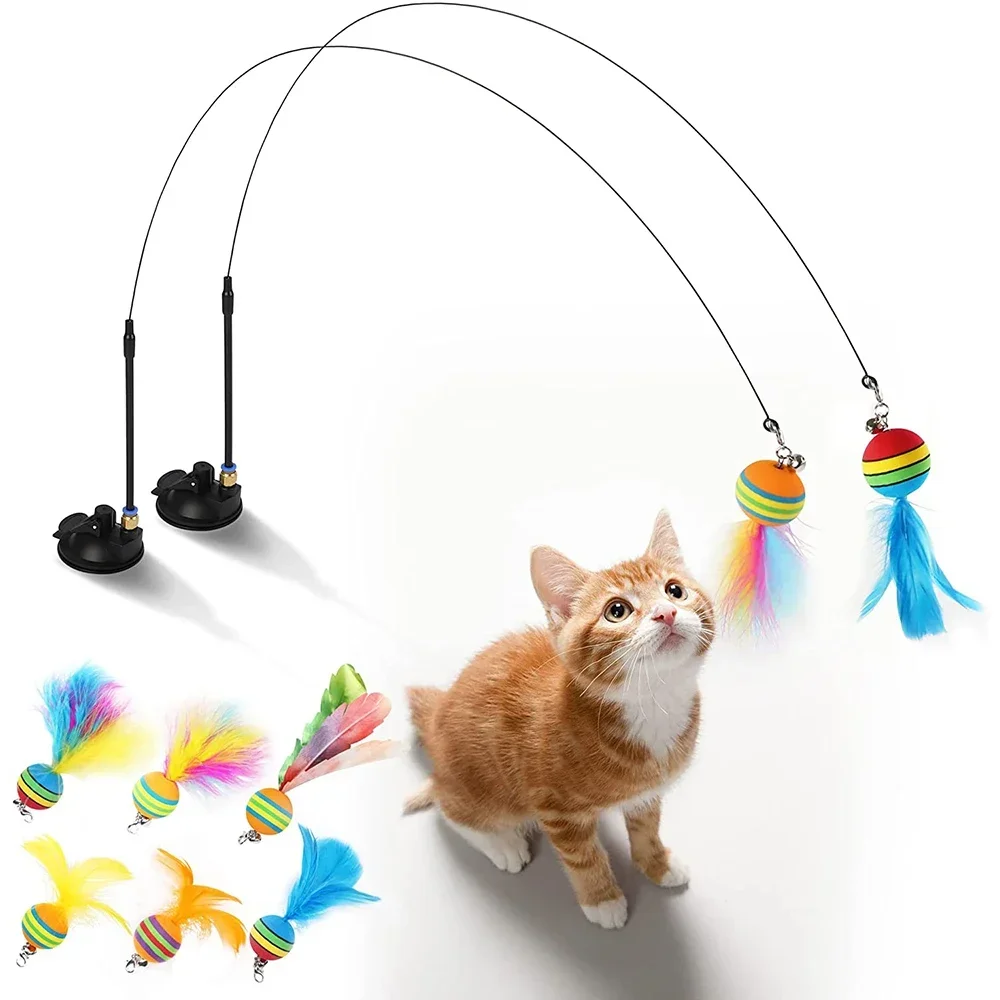 

Interactive Funny Feather Wand with Bells for Indoor Cats, Suction Cup, Ball Feathers, Toys for Kitten Exercise