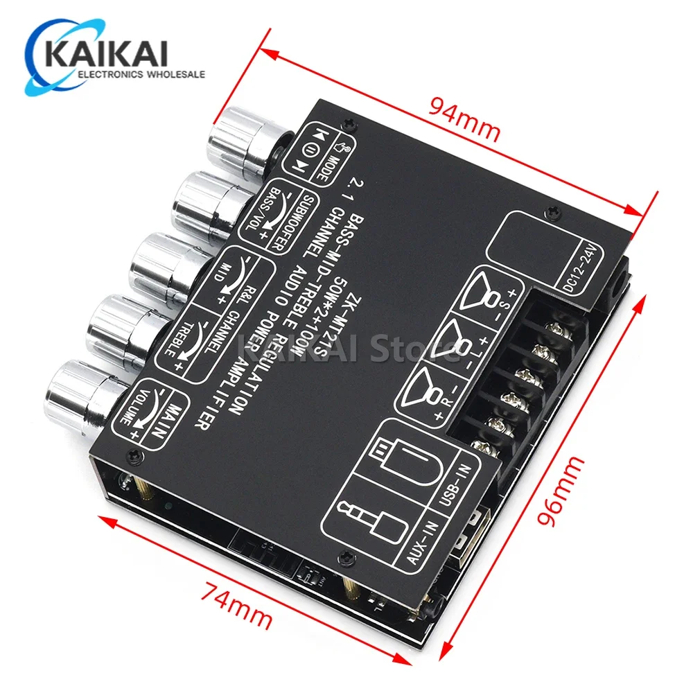 ZK-MT21S 2.1 Channel Bluetooth 5.1 Subwoofer Amplifier Board Module 50WX2+100W Power Audio Stereo Amplifier Board