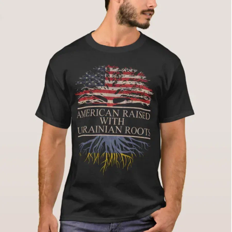

American Raised with Ukrainian Roots. USA Ukraine Flag T-Shirt 100% Cotton O-Neck Short Sleeve Casual Mens T-shirt Size S-3XL