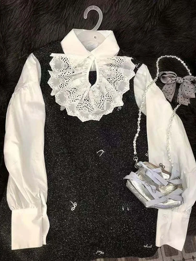 

Корейский комплект с жилетом и юбкой с вышивкой Sweet Knot, женский кружевной комплект све irt Faionable, повседневный зимний наряд