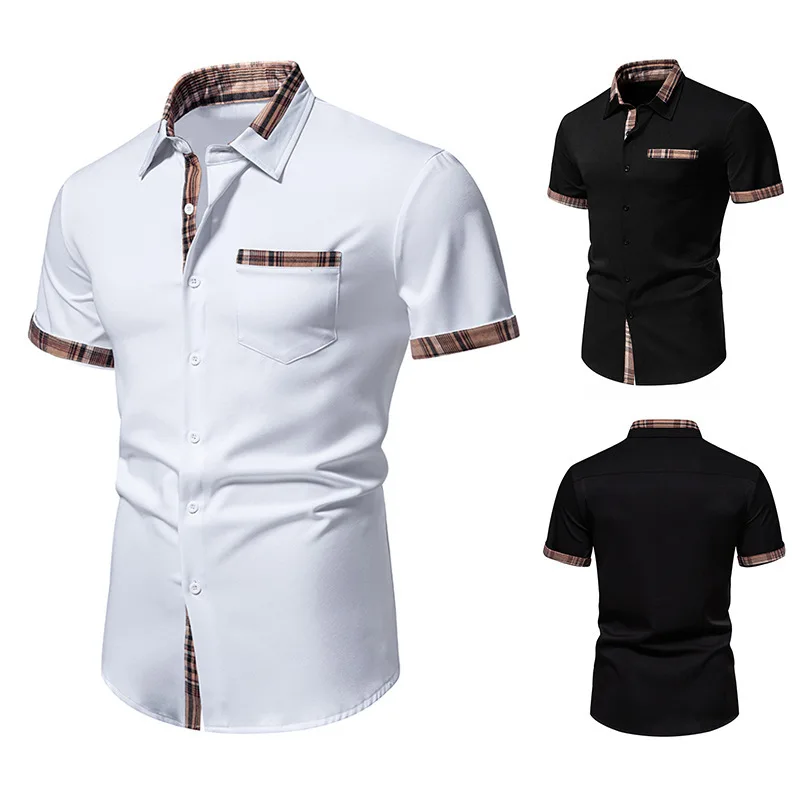 Zomer Nieuwe Buitenlandse Handel Europese Maat Heren Casual Korte Mouwen Formele Overhemd Geruit Kraag Button Up Shirt Heren