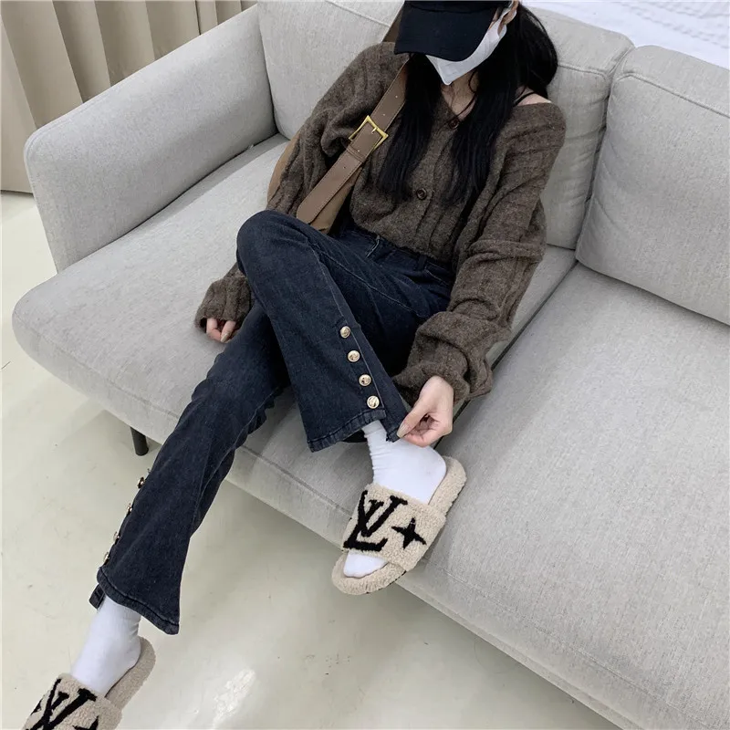 

Jeans For Girls Black Boot Cut Pants with Pearl Casual Style Kids Elastic Split Flare Pants Spring Autumn Clothes