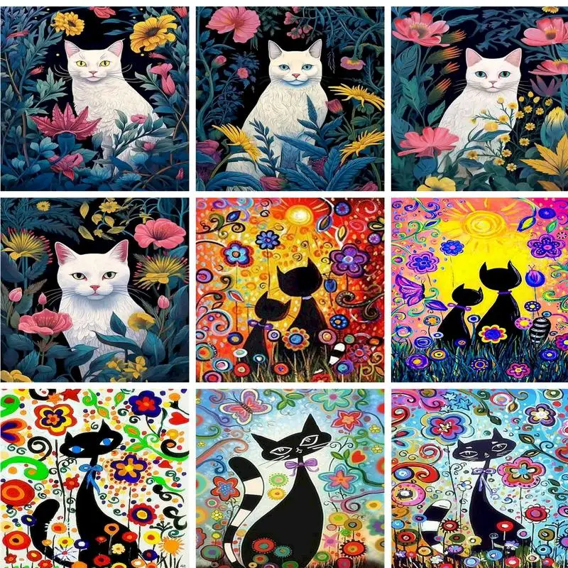 

PhotoCustom Decorative Painting By Numbers Unique Gift Cat With Flowers Artwork For Adults Picture Drawing On Canvas Kill Time