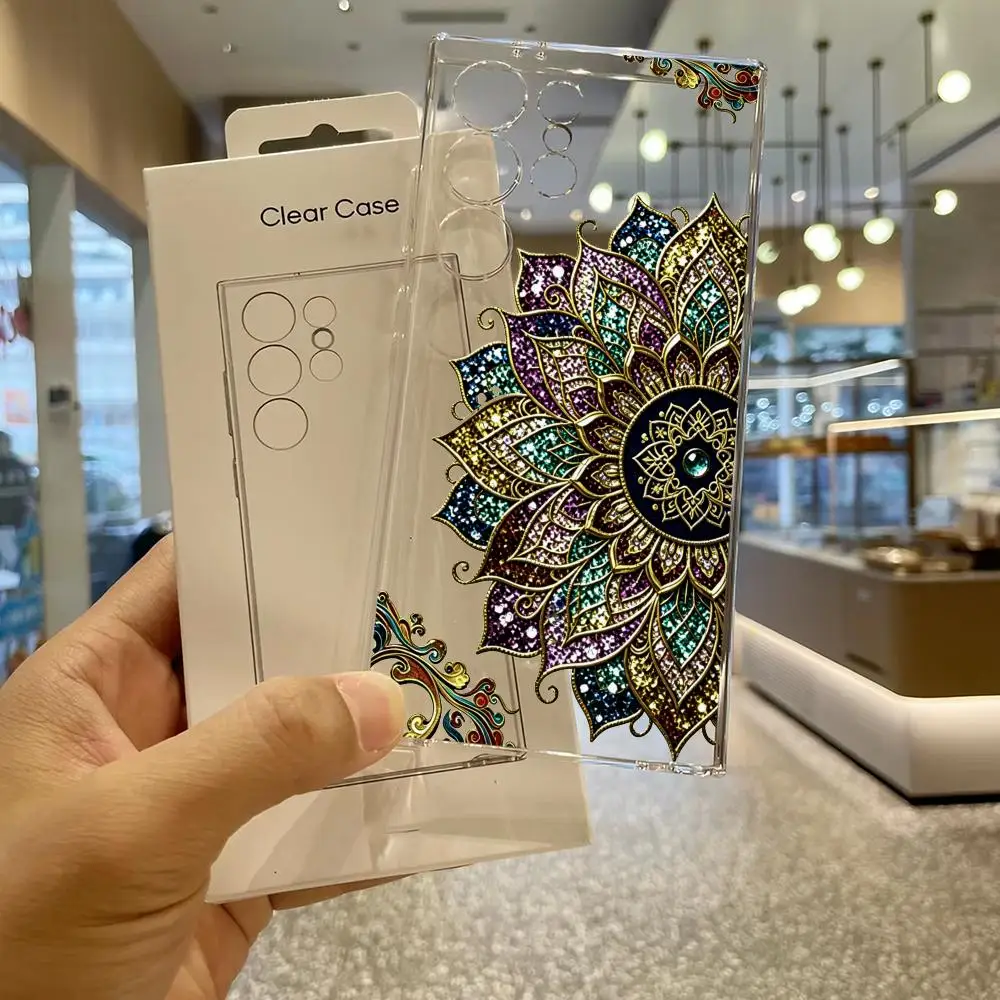 Mandala Glitter Flower Transparency Soft shell phone case for Samsung Galaxy S26 S25 S24 S23 S22 S21FE,Ultra,Plus Drop resistant