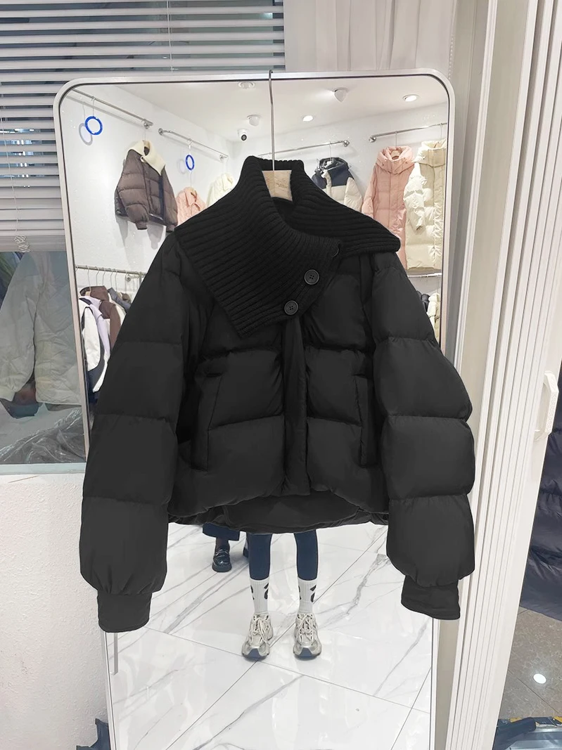 

2025 Winter New Knitted Collar Splicing Loose Short Cotton Jacket Women's Design Bread Style Coat Korean Loose Fit Long Sleeve