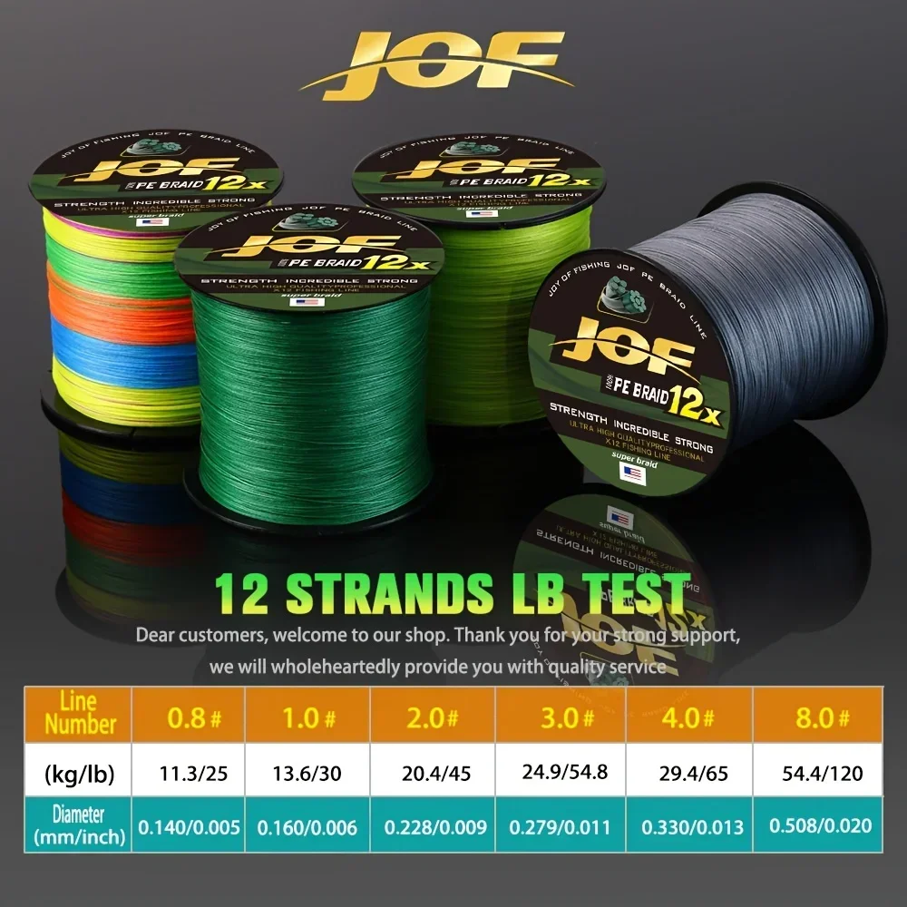 JOF 12 Strand Gevlochten Vislijn 500 M/564yd Super Sterke PE 25-120LB Glad Duurzaam Heldergroen Gemengde Kleur Lange worp Karper