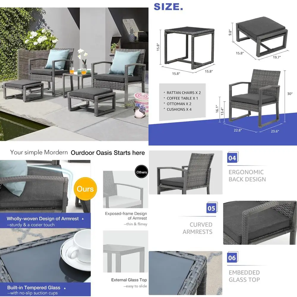 

Outdoor Patio Wicker Furniture Set, Weather-Resistant Grey PE Rattan Chairs and Ottoman with Coffee Table