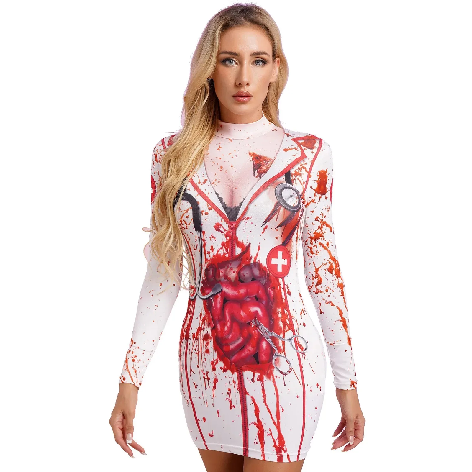 

Halloween Dresses Horror Role Blood Nurse Print Bodycon Dress Women Long Sleeve Party Carnival Masquerade