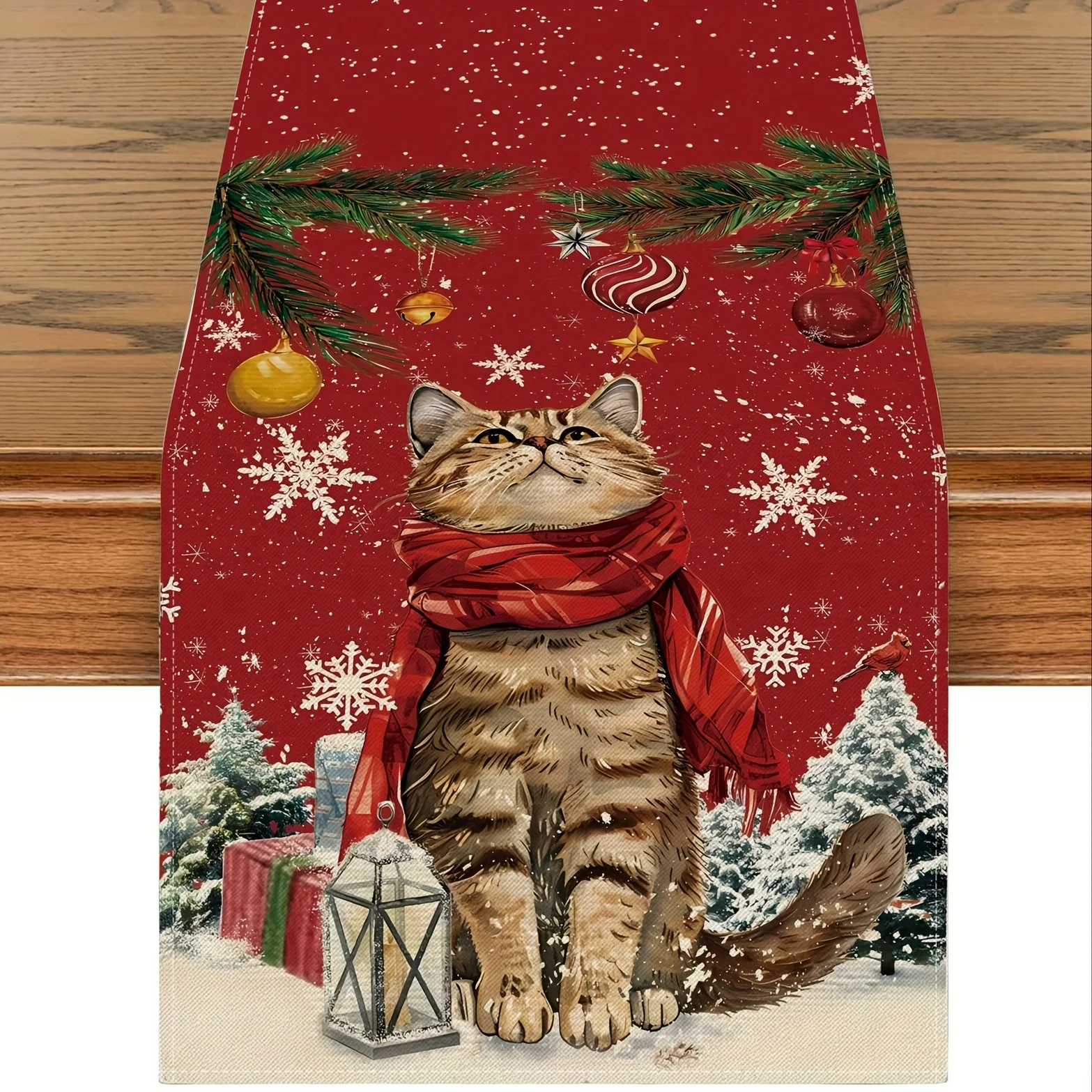 1 Stück Weihnachtskatze mit rotem Schal, Tischläufer – Weihnachtsdekoration für Weihnachtsessen, ideales kleines Geschenk für Katzenliebhaber